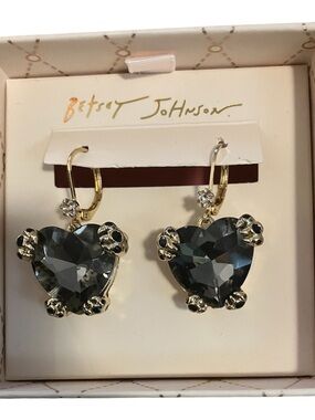 Betsey Johnson Gold Heart Drop Earrings with Smoky Crystals